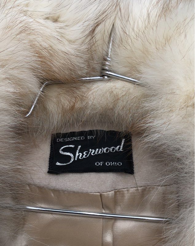 Vintage 70s Sherwood of Ohio Long Fur Collar Belted Suede Cloth Coat Sz S/M