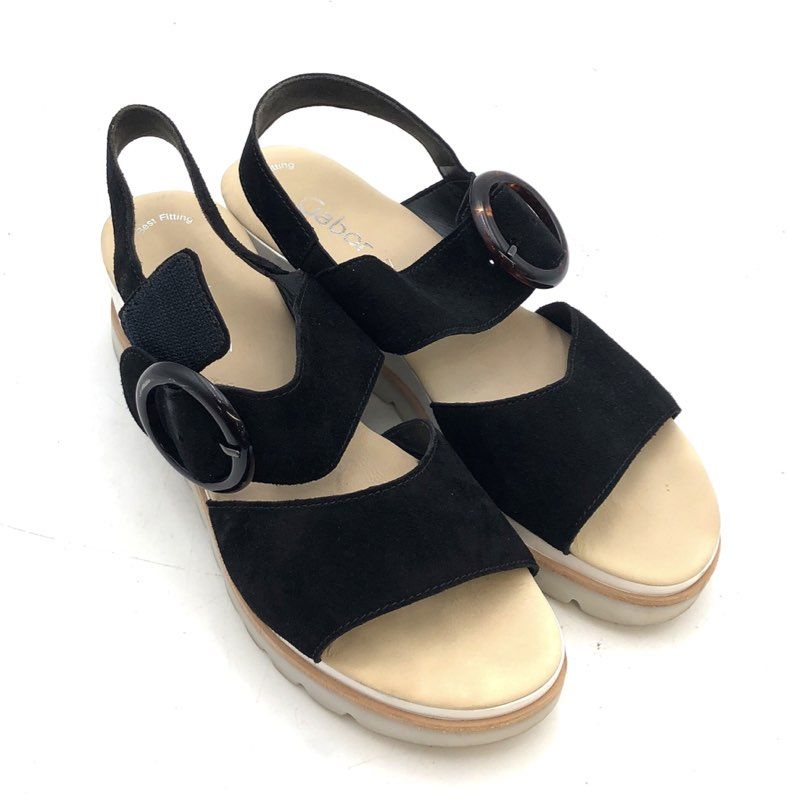 Gabor 84.645 Best Fitting Black Suede Platform Wedge Slingback Sandals Size UK 7