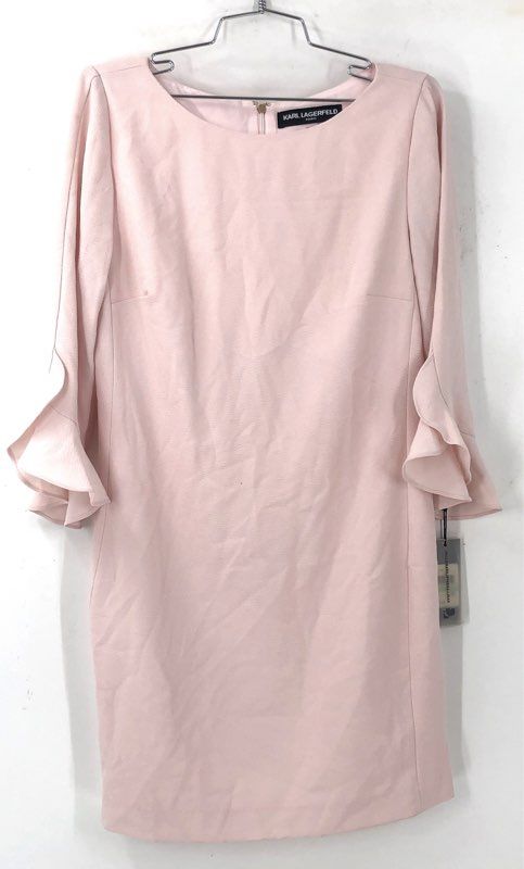 NWT Karl Lagerfeld Paris Pink Ruffle Bell Sleeve Crepe Sheath Dress Women's 8