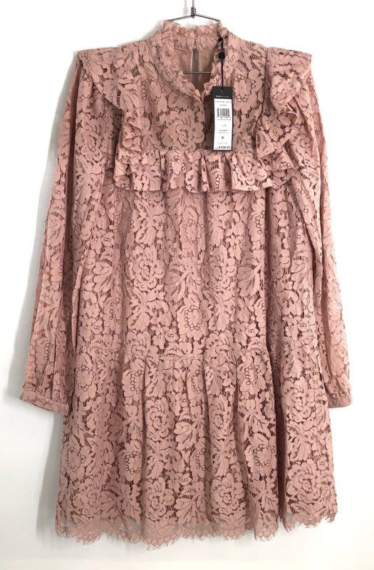 BCBGMAXAZRIA Women's Leonora Lace Ruffle Mini Dress Shadow Blush Pink Sz S NWT