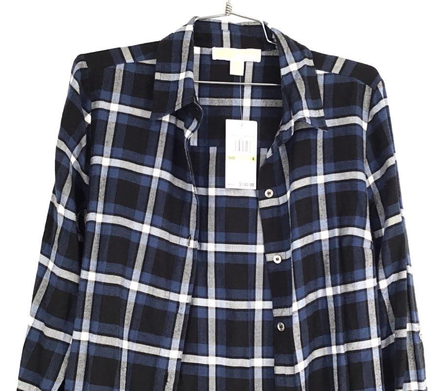 Michael Kors Women's NWT Plaid Tie-Waist Shirtdress Black Blue Sz 4