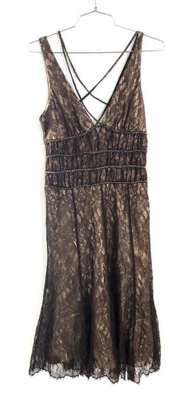 BCBGMAXAZRIA Women's Chocolate Gold Metallic Beaded Lace Cocktail Dress NWT Sz 4