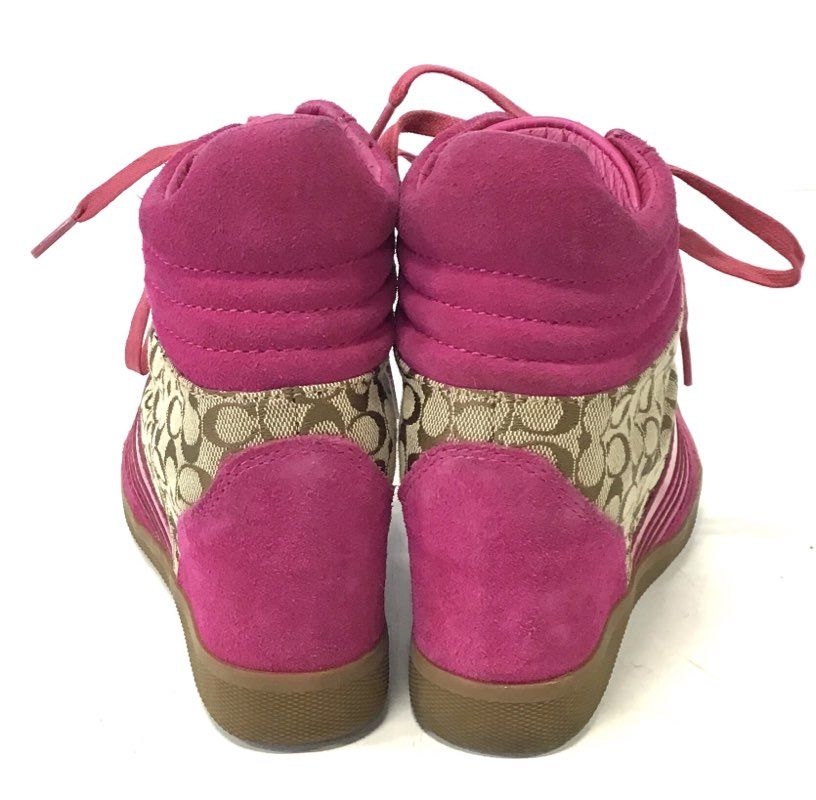 Coach Alara Signature Jacquard Hot Pink Suede Wedge Heel Sneakers Size 7M