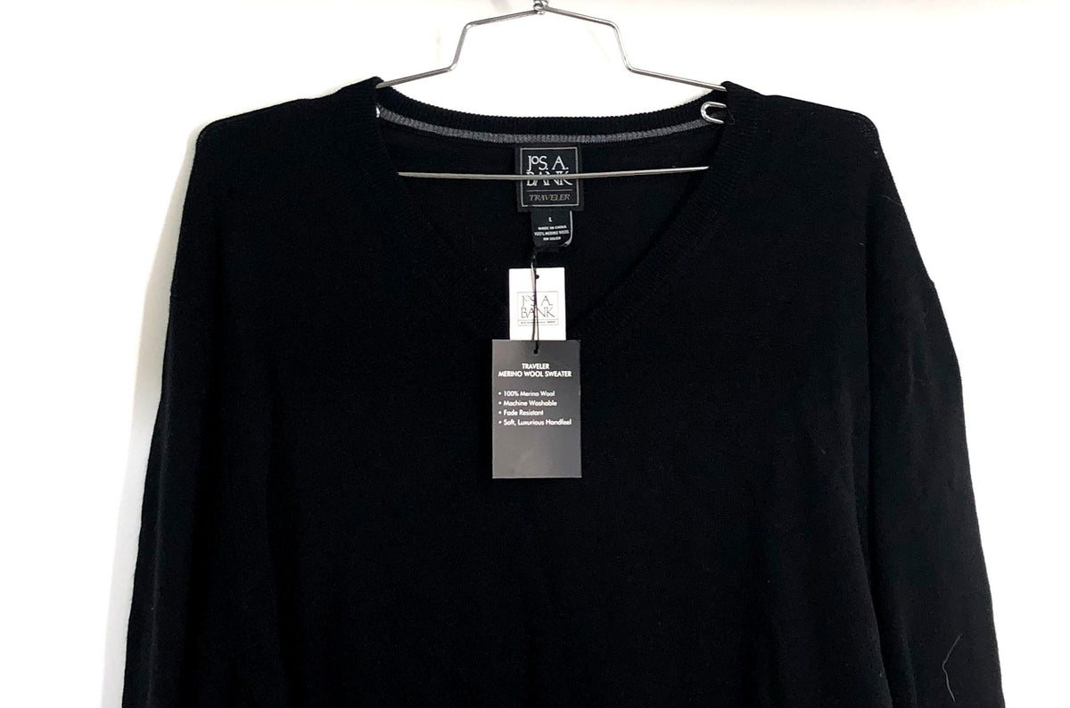 Jos. A. Bank Men's Black Traveler Merino Wool V-Neck Sweater NWT Size L