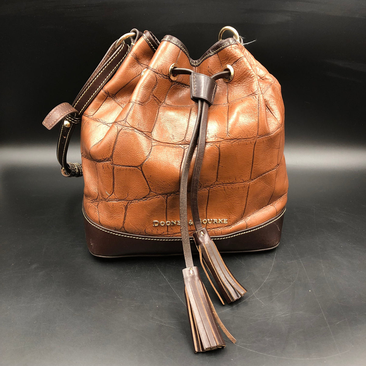 Dooney & Bourke Cognac Brown Leather Denison Bucket Bag Gold Hardware COA