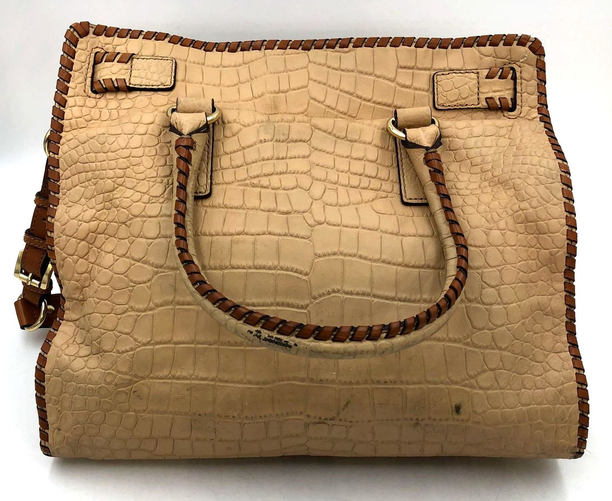 Michael Kors 'Hamilton' Tan Croc Embossed Leather & Brown Whipstitch Tote (+COA)
