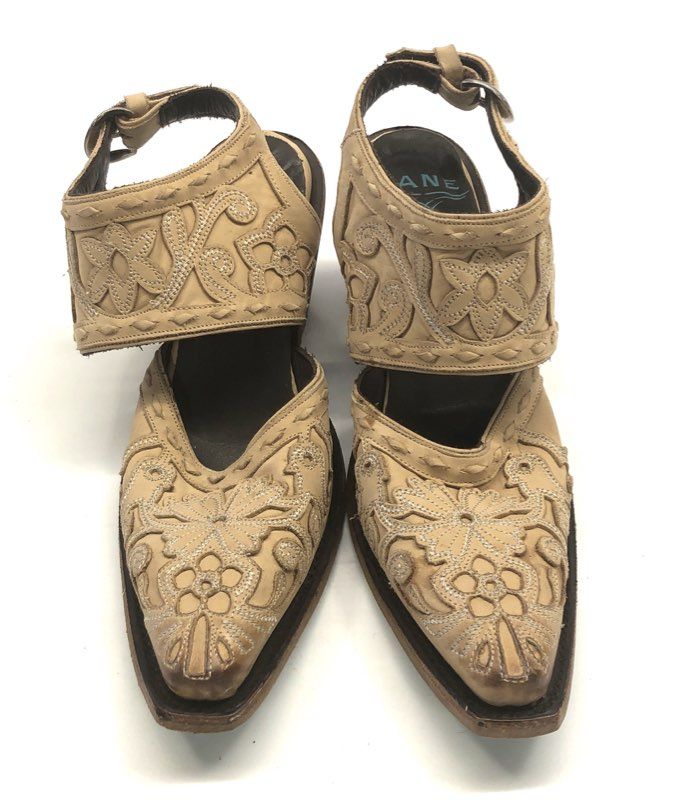 Lane Tan Floral Embroidered Leather Western Slingback Sandals Size 5.5