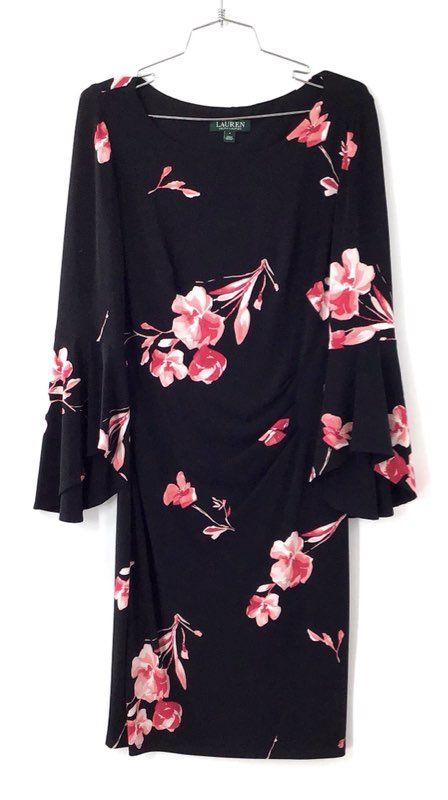 Lauren Ralph Lauren Women's Dress Black Pink Floral Bell Sleeve Sheath Sz 4 NWT