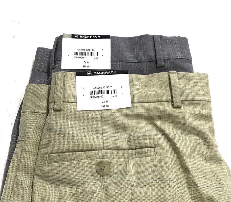 NWT Bachrach Men's Beige Gray Plaid Wool Dress Pant - Size 34W Lot Of 2