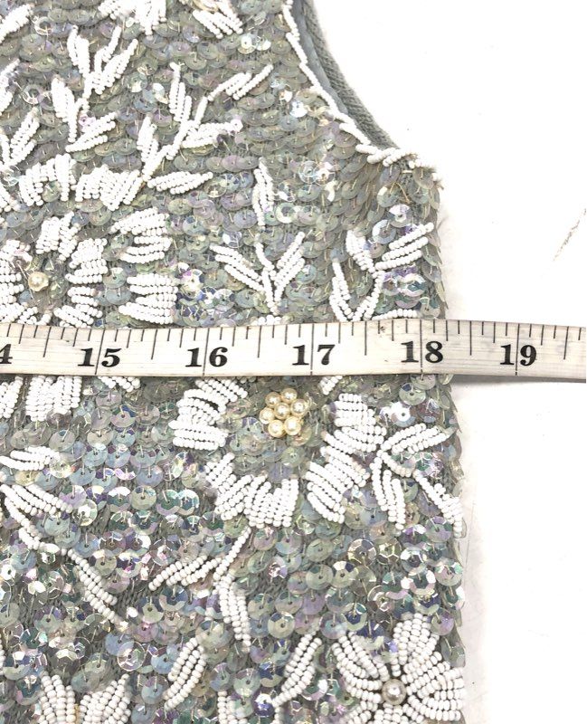 Vintage 60s Tack Yuen Hand Beaded Sequin Floral Fringe Sleeveless Top Sz M