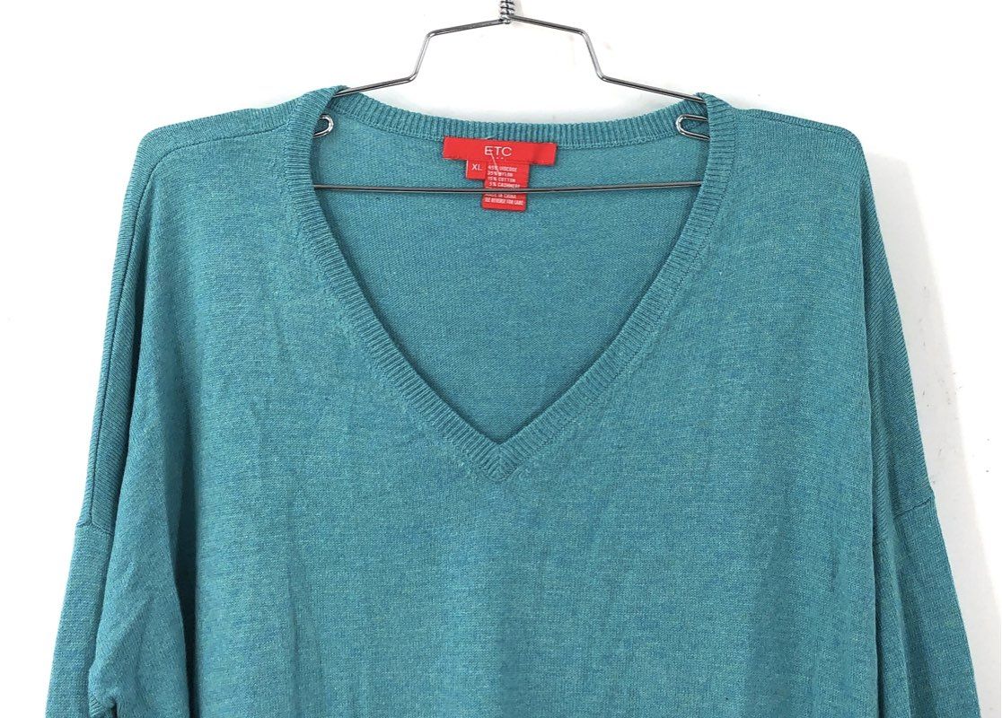 ETC Women's NWT Bimini Sweater Teal Cashmere Blend V-Neck Side Zip XL