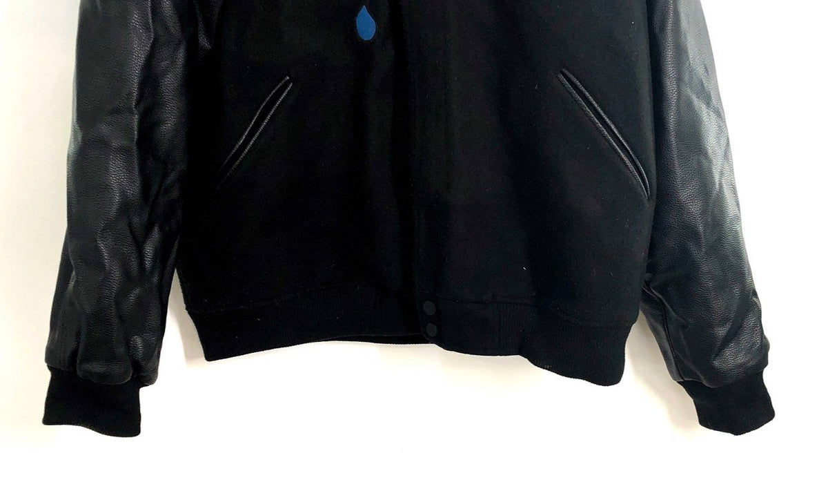 Roku Studio Men's Graphic Varsity Jacket Black Faux Leather Sleeve Sz 3XL