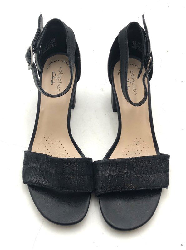Clarks Jocelynne Cam Black Interest Block Heel Ankle Strap Sandals Size 6.5