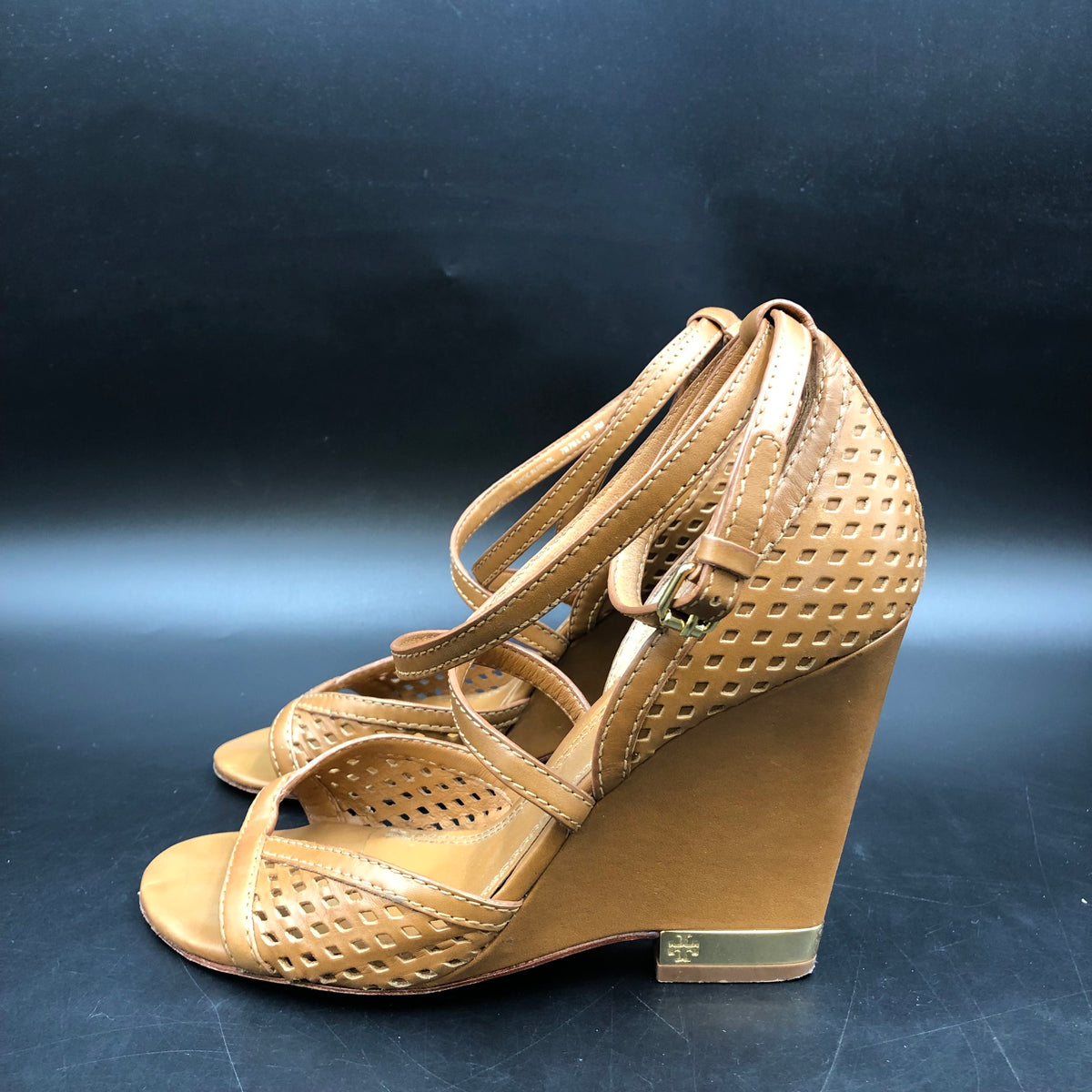 Tory Burch Gigi Light Brown Leather Peep Toe Wedge Sandals Size 7 COA