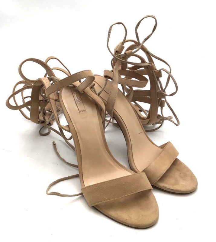 Aldo Hastina Tan Suede Strappy Lace Up Gladiator Stiletto Sandals Size 8.5