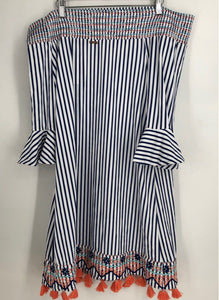 NWT Cabana Women's Blue White St Barts Conveluxe Smocked Shift Dress - Size L