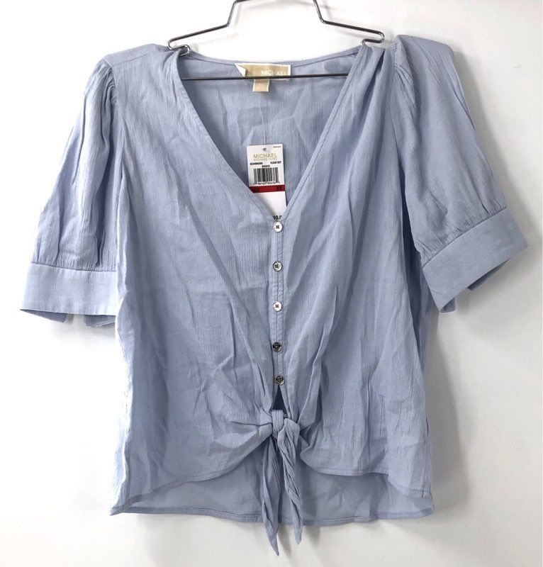 Michael Kors Women's Blue Tie-Hem Blouse Puff Sleeve Cotton Blend NWT Sz XS