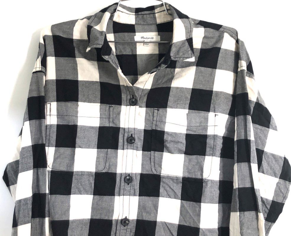 Madewell Women's Black White Buffalo Plaid Button Down Shirt Pockets Size S