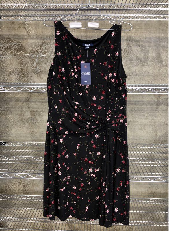 Chaps Women's NWT Black Floral A-Line Dress Sleeveless Knot Front Size XL