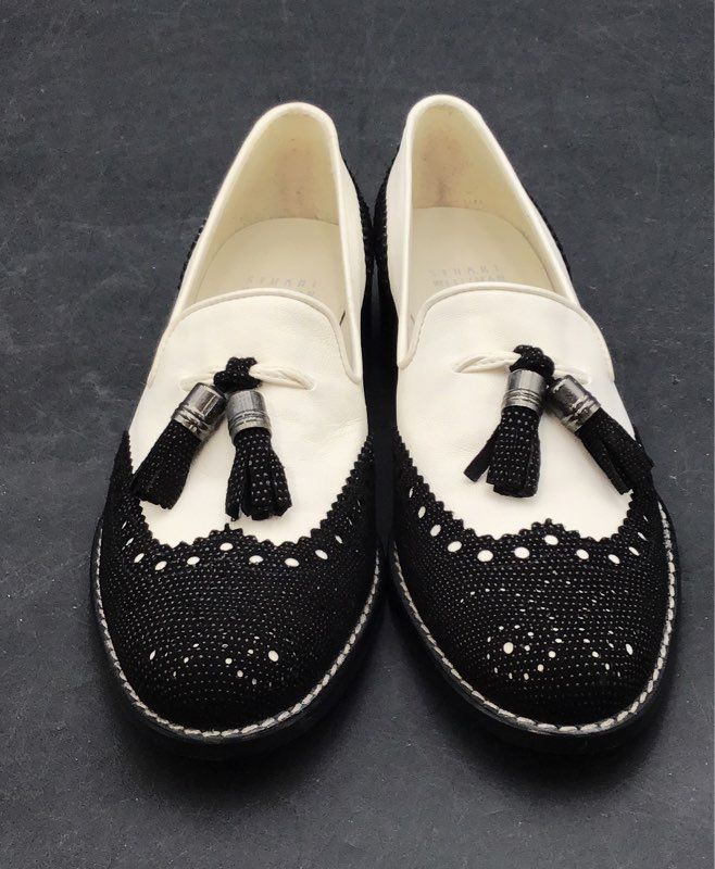 Stuart Weitzman Black White Woven Tassel Brogue Loafers Womens Size 5.5 A