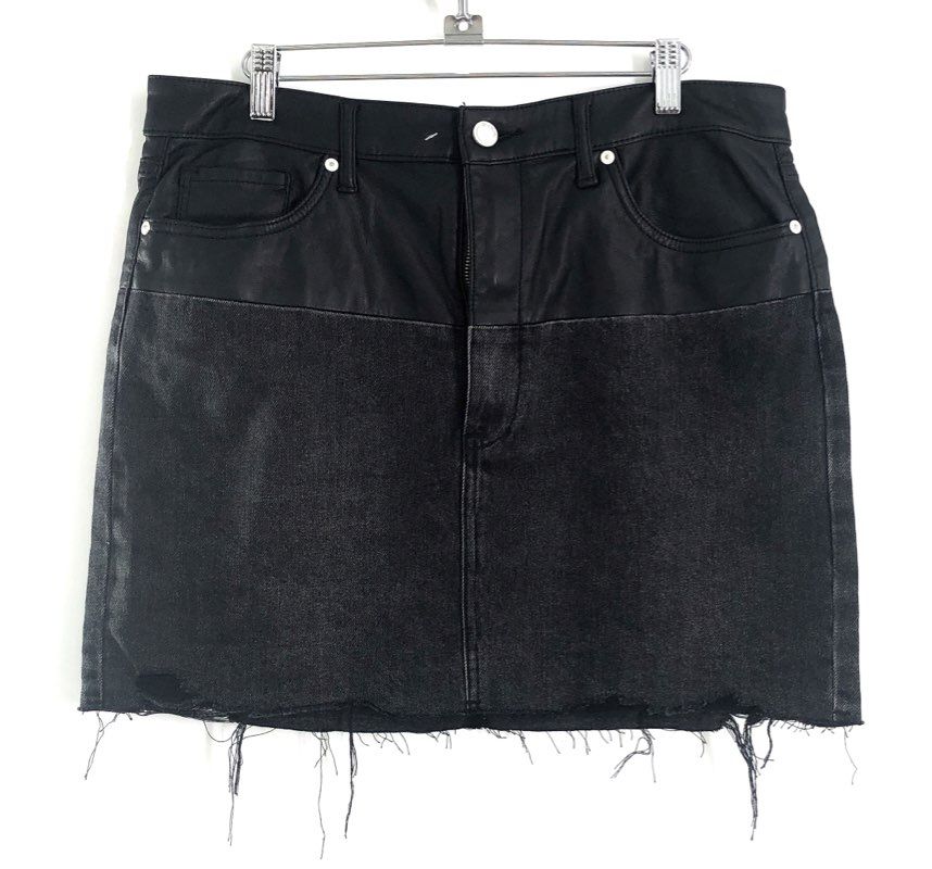 [BLANKNYC] Women's Black Mixed Media Faux Leather Denim Mini Skirt Raw Hem Sz 31