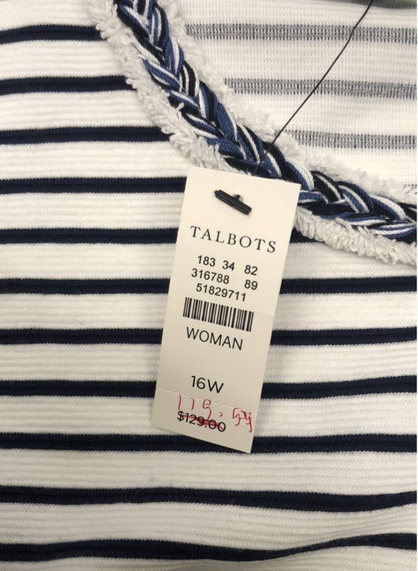 Talbots Women's White Navy Blue Striped Braided Trim Sleeveless Dress NWT Sz 16W