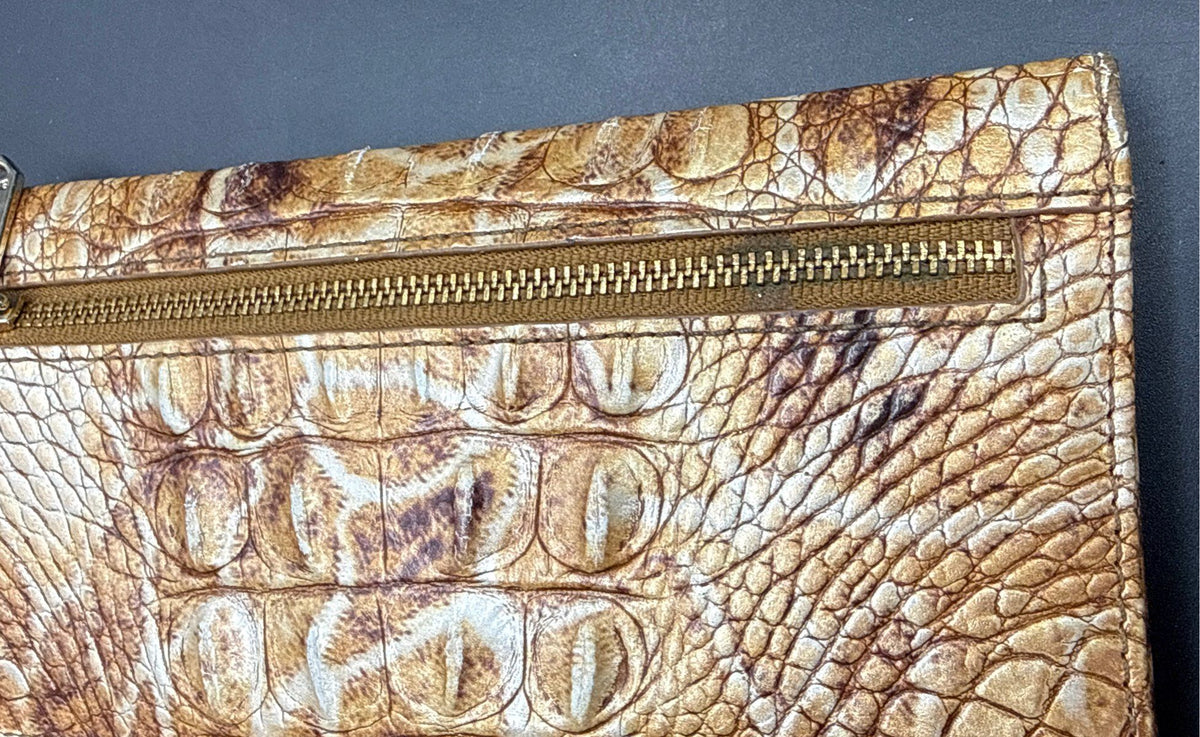 Brahmin Tan Gold Croc Embossed Leather Slim Tri-fold Wallet Gold Hardware