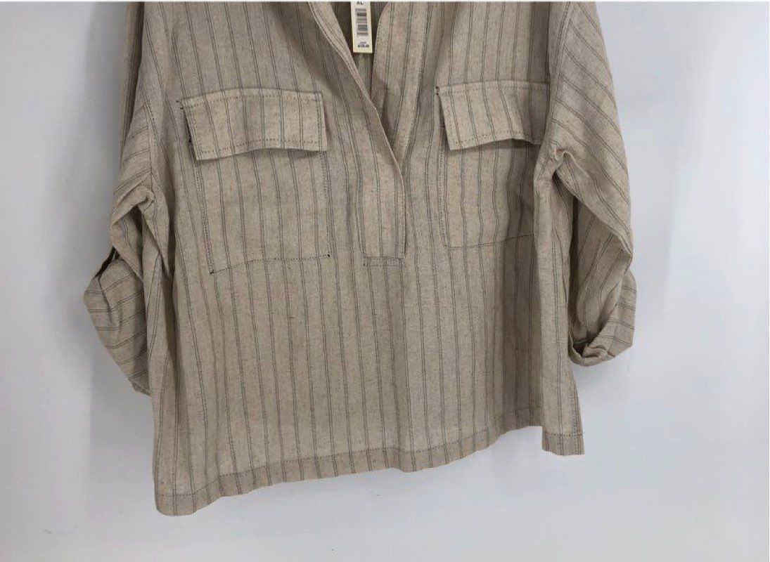 Max Studio Women's NWT Beige Striped Popover Tunic Roll Tab Sleeve Sz XL
