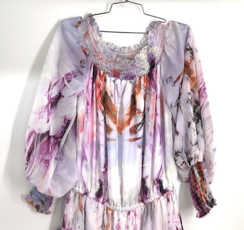 Lola & Sophie Women's Purple Abstract Floral Smocked Off Shoulder Dress NWT Sz L