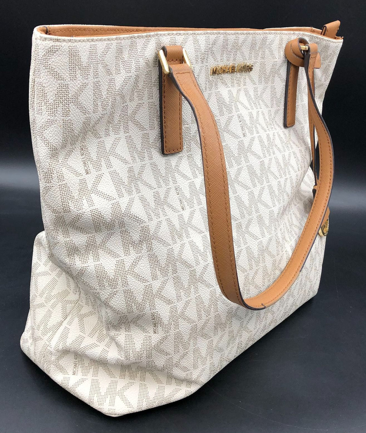 Authentic Michael Kors Women&#39;s Beige White Luxury Leather Tote Bag -COA Included