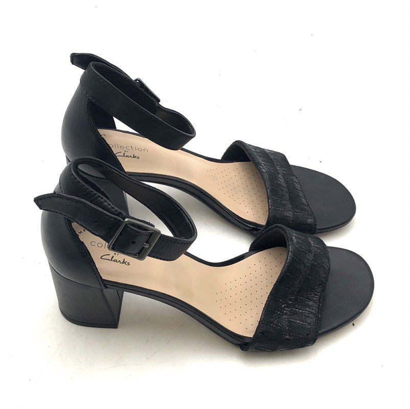Clarks Jocelynne Cam Black Interest Block Heel Ankle Strap Sandals Size 6.5