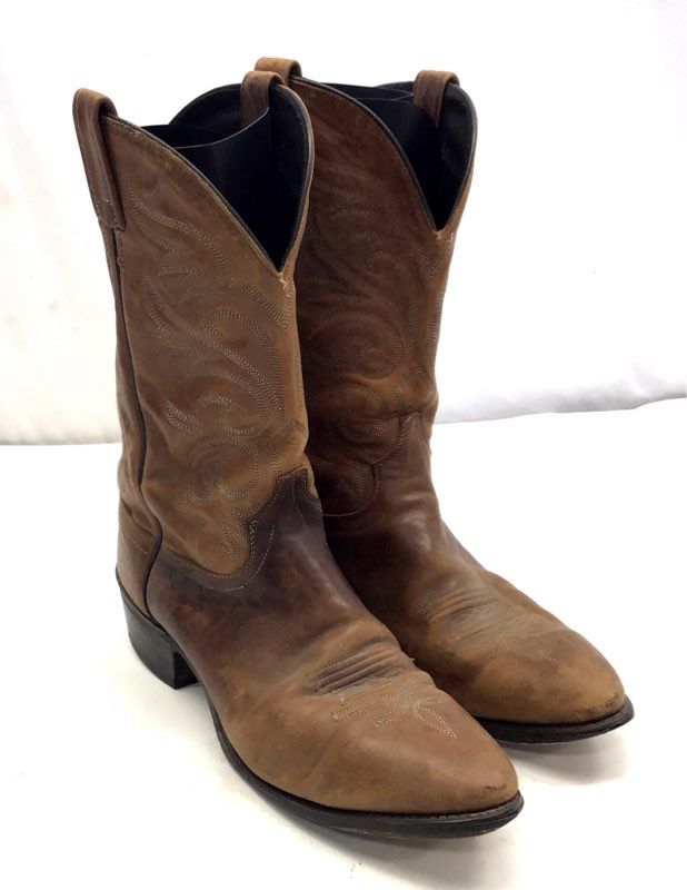 Vintage Tan Leather Western Cowboy Boots Pointed Toe Stitching Size 12 D
