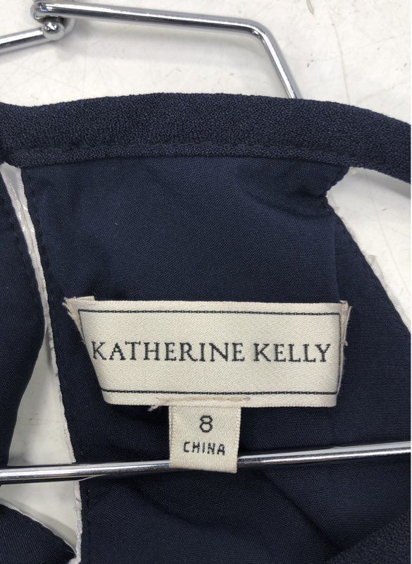 Katherine Kelly Women's Halter Dress White Floral Eyelet Navy Trim Size 8