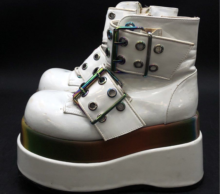 Demonia Bear-104 White Iridescent Oilslick Platform Ankle Boots Women's Size 9