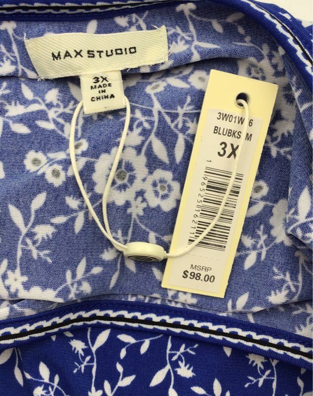 NWT Max Studio Women&#39;s Blue Floral Print Long Sleeve Tunic Top - Size 3X