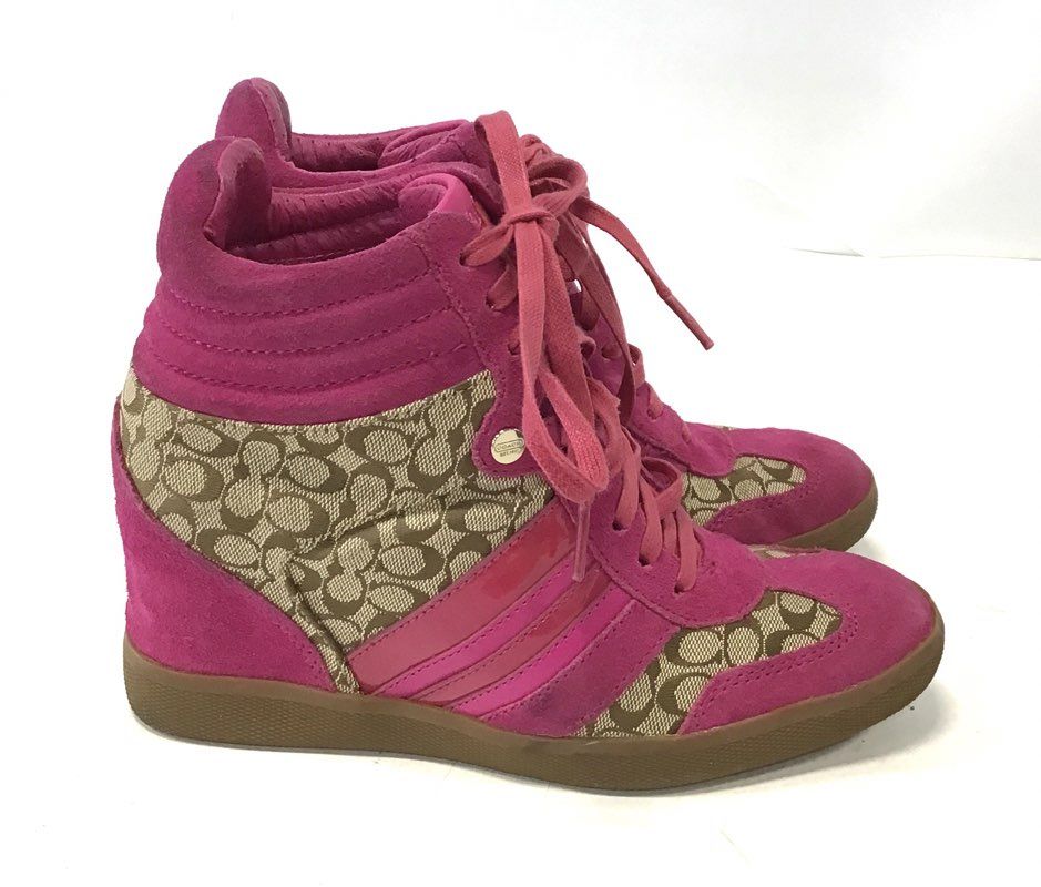 Coach Alara Signature Jacquard Hot Pink Suede Wedge Heel Sneakers Size 7M