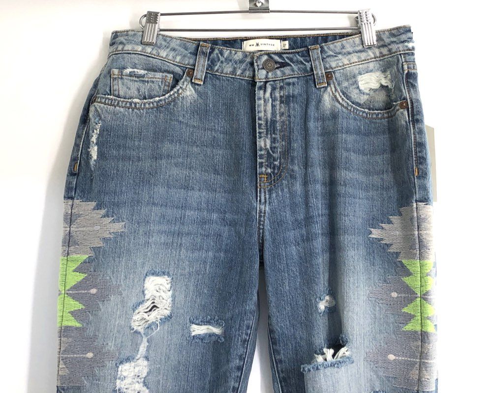 MM Vintage Women's Blue Distressed Boyfriend Embroidered Geometric Jeans 27 NWT