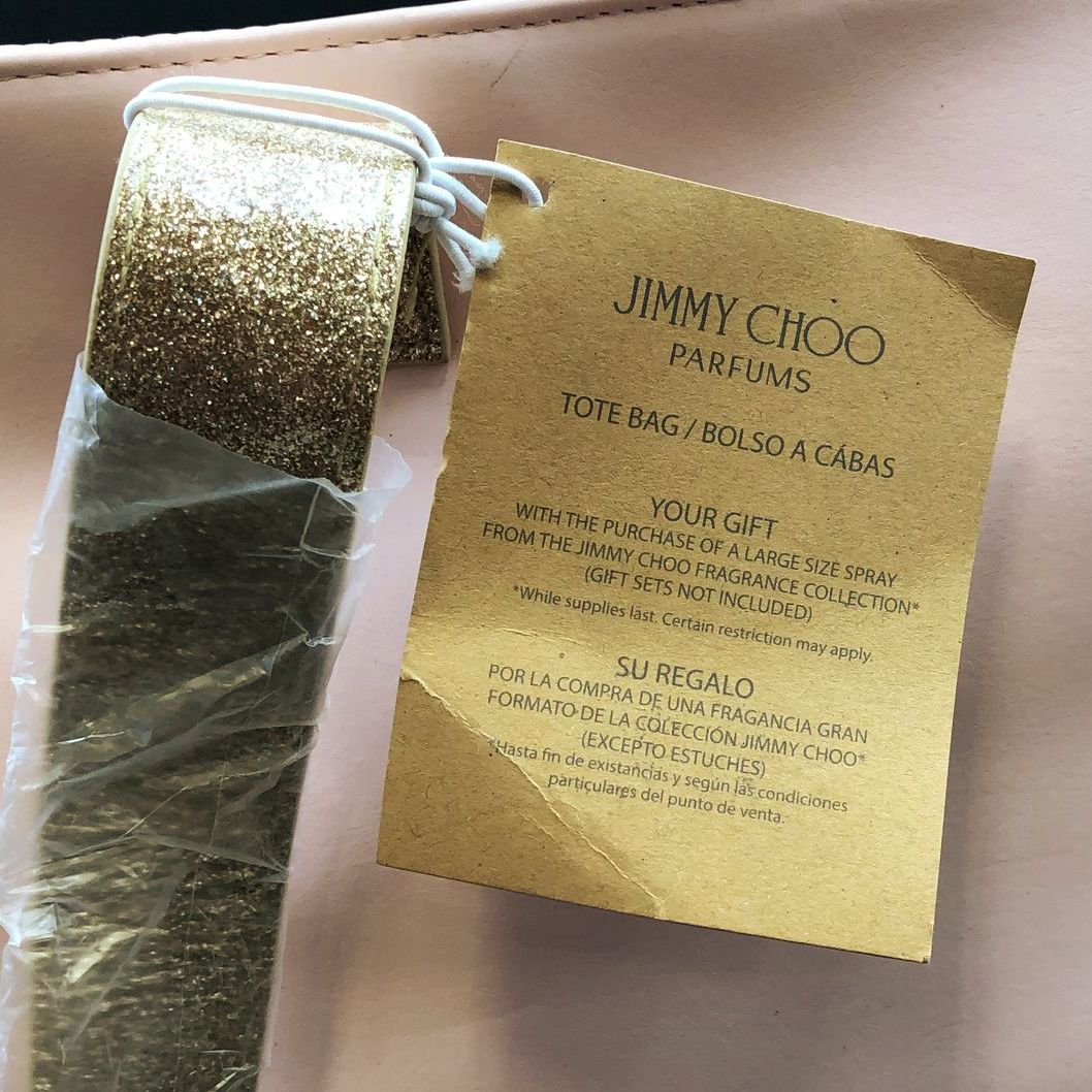 Jimmy Choo Parfums Large Pink/Metallic Glitter Gold Designer Faux Leather Tote