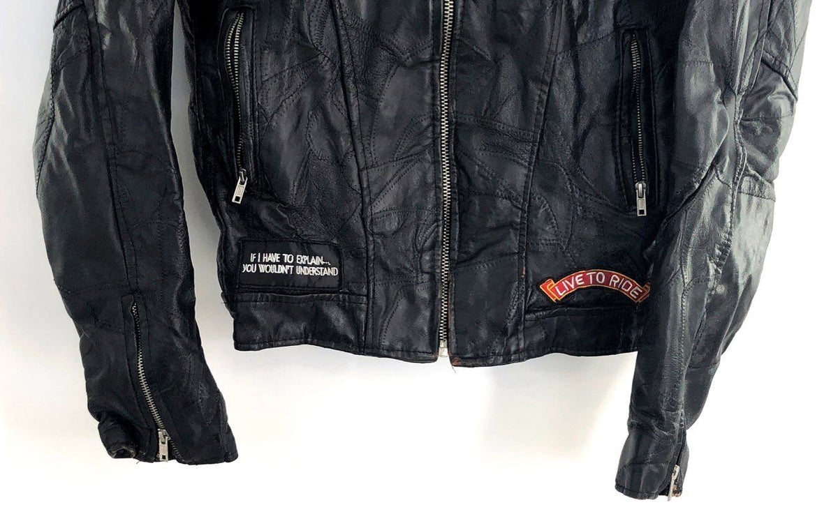 Vintage Diamond Plate Buffalo Leather Biker Motorcycle Jacket Patches Sz M