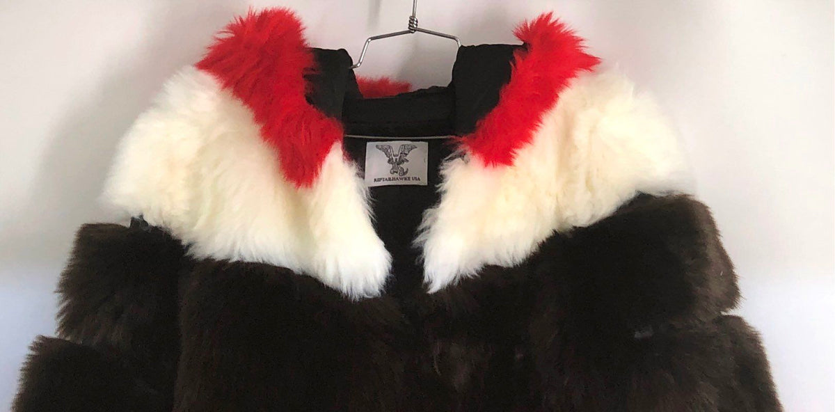 Vintage Y2K Reptailhawke USA Women's Red Cream Brown Faux Fur Hooded Coat Sz L