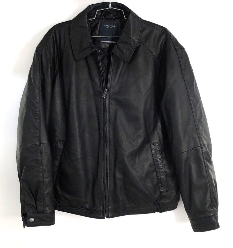 Nautica Men's Black Genuine Leather Full Zip Bomber Jacket Sz XL