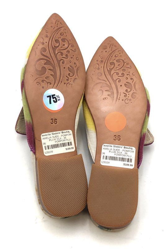 Baldiz Amelia Slide Multicolor Ikat Plum Pom Pom Silk Mules Flats Size EU 36