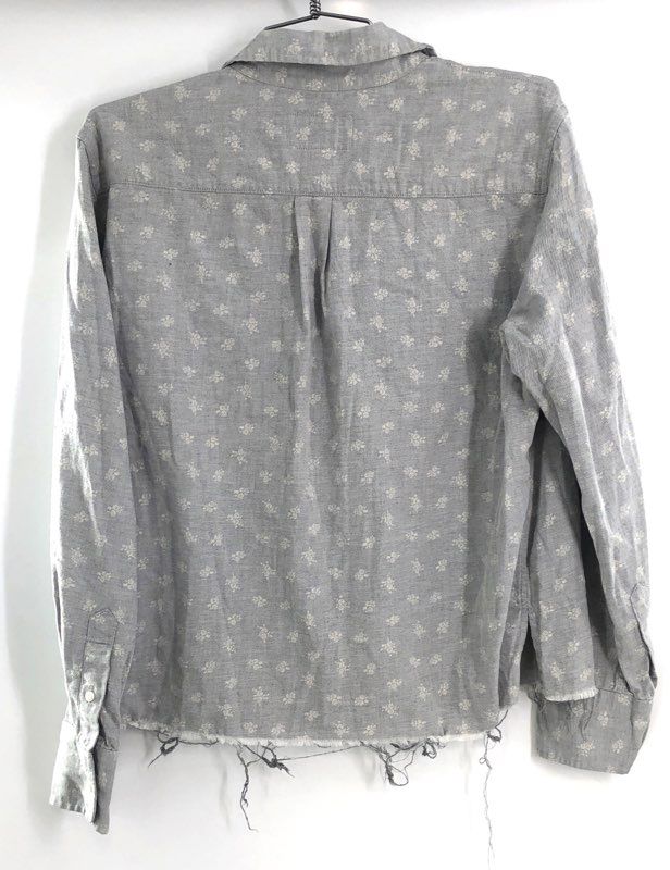Current/Elliott Women's Gray Floral Button Down Shirt Raw Hem Distressed Sz 1