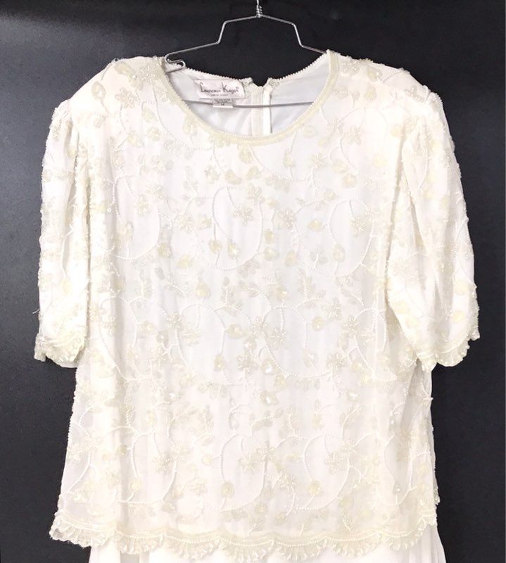 Lawrence Kazar Women's Vintage 90s Ivory Beaded Sequin Formal Dress Sz 2X NWT