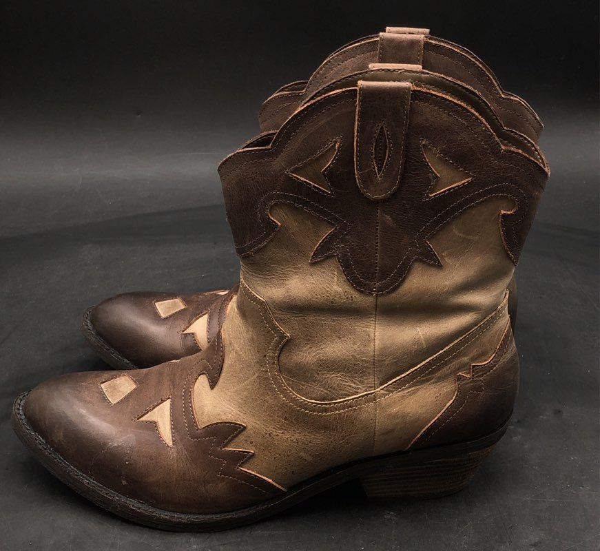Reba Brown Two-Tone Leather Western Cowboy Ankle Boots Women's Size 10
