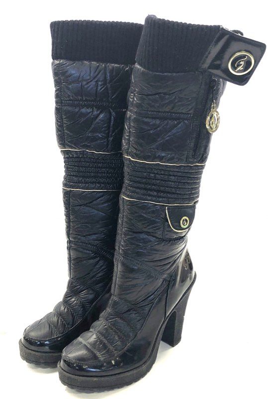 Vintage Y2K Baby Phat Black Quilted Puffer High Heel Knee High Boots Size 8