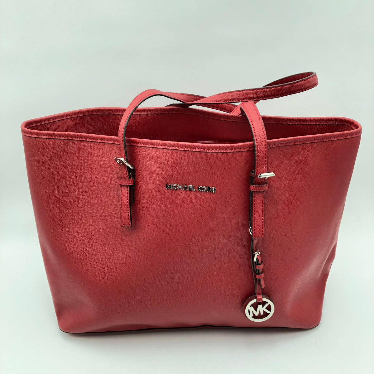 Michael Kors Red Saffiano Leather Jet Set Travel Tote Bag Silver Hardware COA