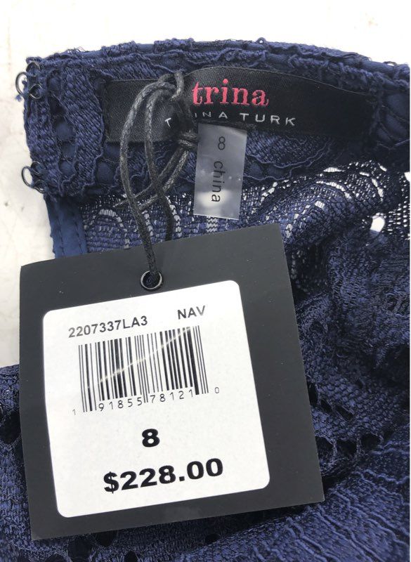 Trina Turk NWT Women's Plume Dress Navy Blue Lace Mock Neck Bell Sleeve Sz 8
