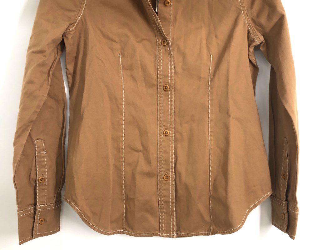 Madewell Women's Brown Camel Contrast Stitch Fitted Button Down Shirt Sz 0 NWT