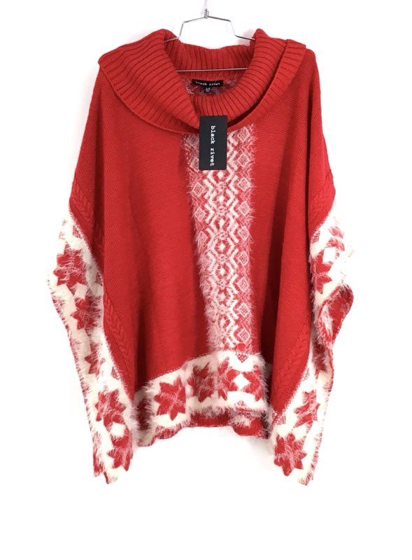 NWT Black Rivet Women&#39;s Red Ivory Knitted Turtleneck Poncho Sweater - Size L